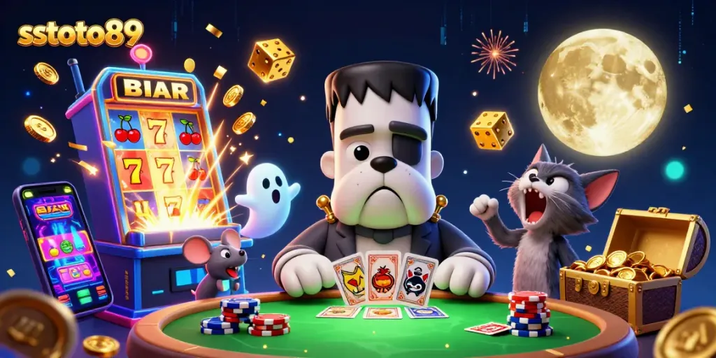 sstoto89 memimpin permainan kartu dengan monster bulldog Frankenstein di meja kasino yang menakutkan