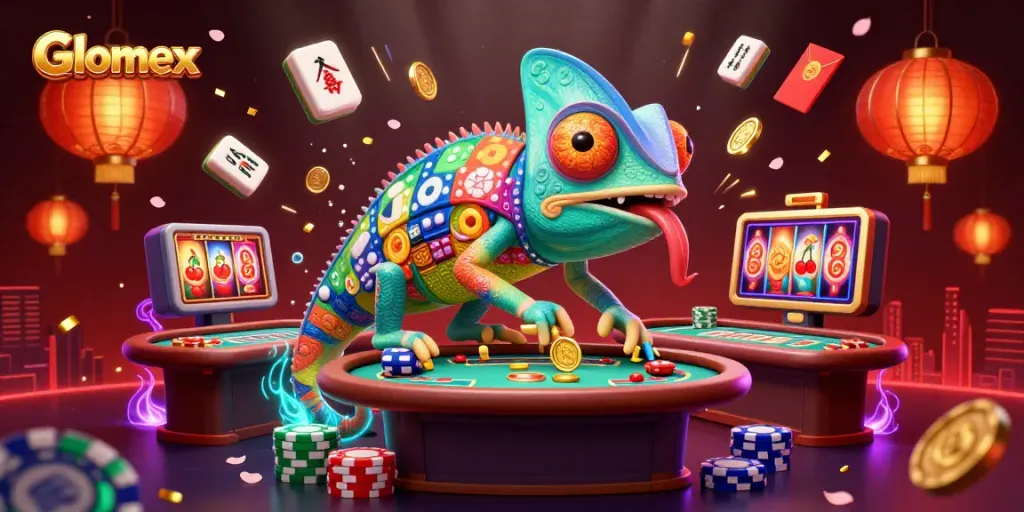 Glomex casino owner chameleon capturing golden coins with an exciting gaming atmosphere.
