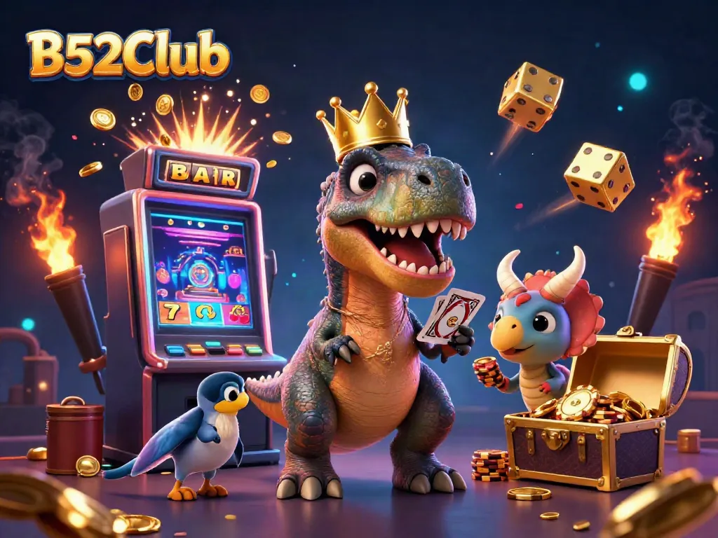 Engage in B52Club's thrilling casino atmosphere with a T-Rex shuffling cards, while lucky symbols explode in a jackpot.