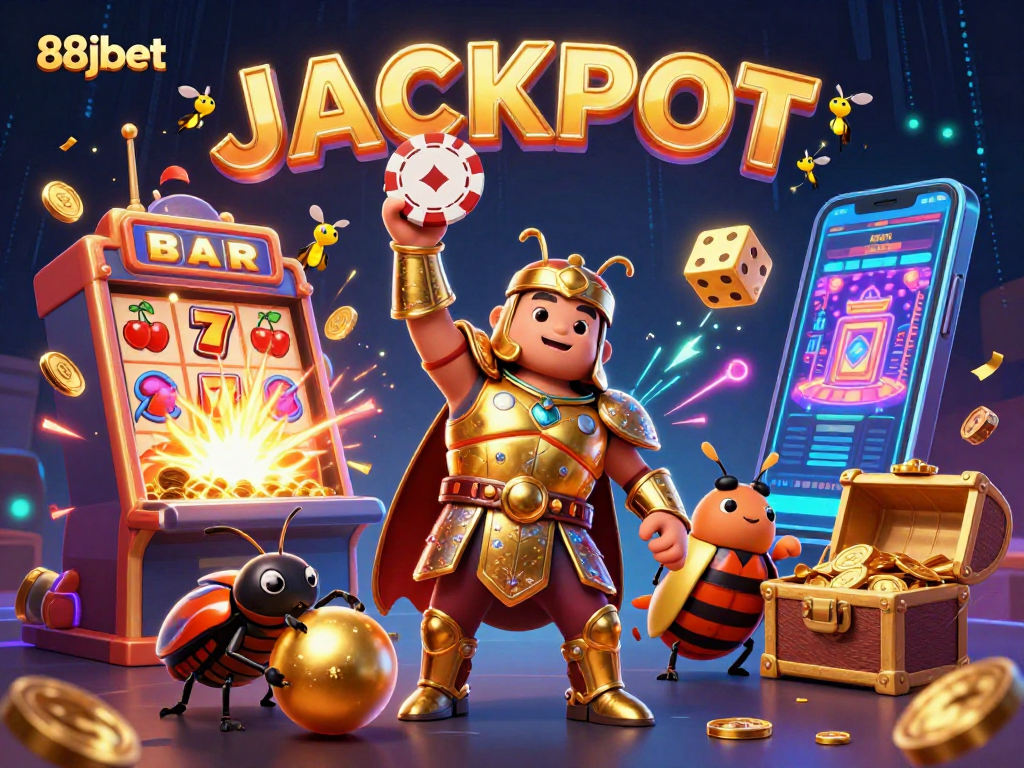 Strike it rich with 88jbet as a hercules beetle lifts a poker chip in a vibrant jackpot scene.