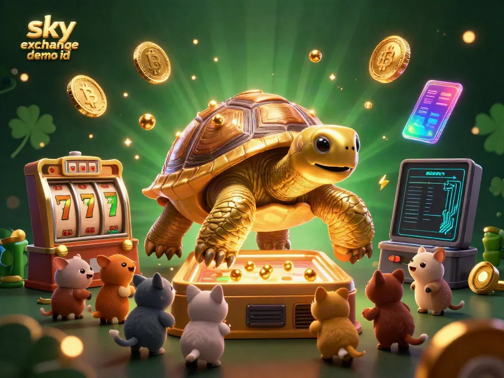 Engage with the exciting Sky Exchange demo id in a vibrant, 3D illustrated casino scene filled with pinball action, crypto coins, and cheerful characters.