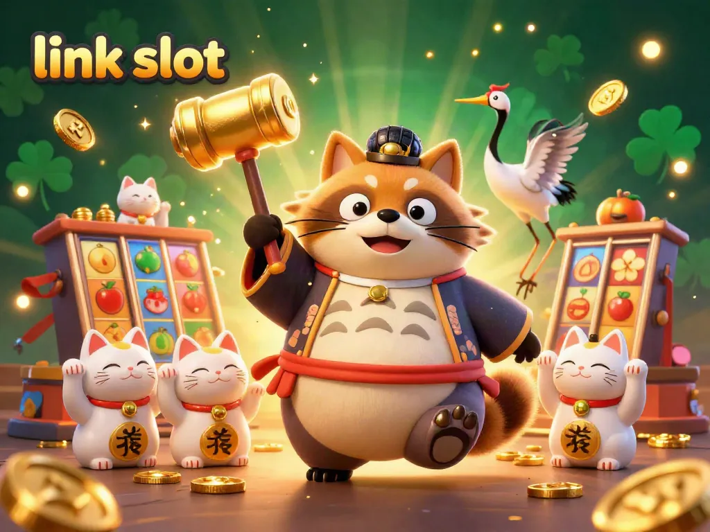 Experience vibrant link slot action with cheerful characters and colorful slot reels in a festive casino scene.
