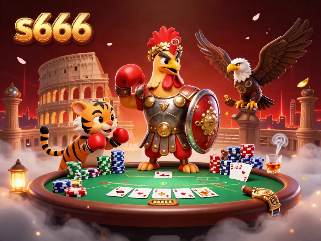 Engage with s666 in a vibrant 3D casino scene of a gladiator rooster, poker elements, and dynamic action.
