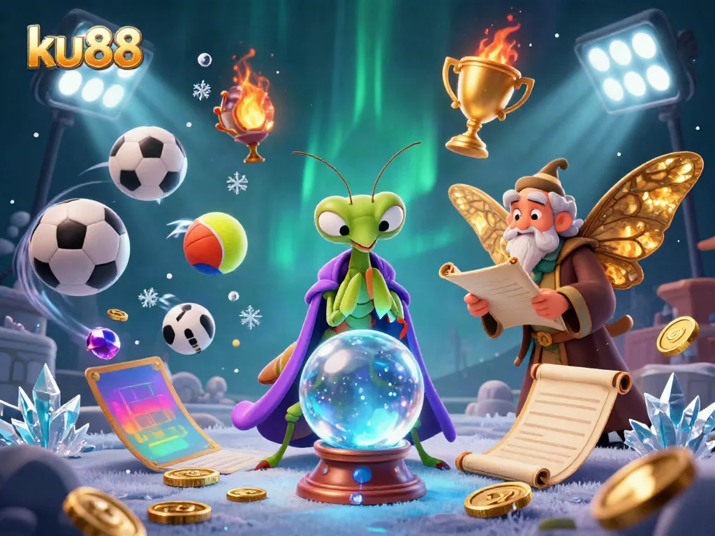 Engage in thrilling ku88 gaming with a mystical fortune teller, sports elements, and dynamic visuals.