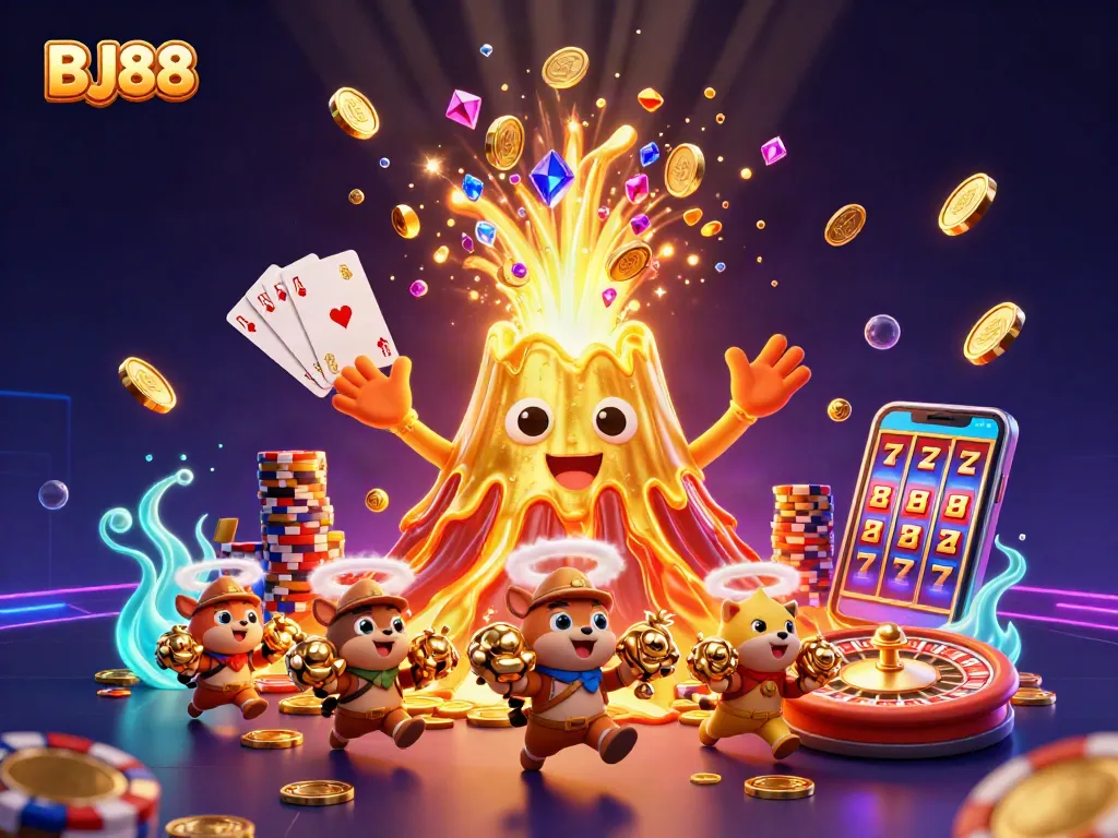 BJ88 showcases a playful animated casino scene with a golden volcano erupting coins, capturing the thrill of gambling.