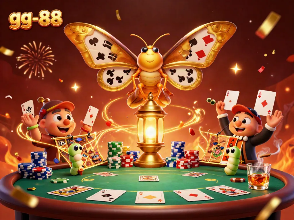 Engage with gg-88 as cartoon atlas moth includes casino elements, poker chips, and festive confetti.