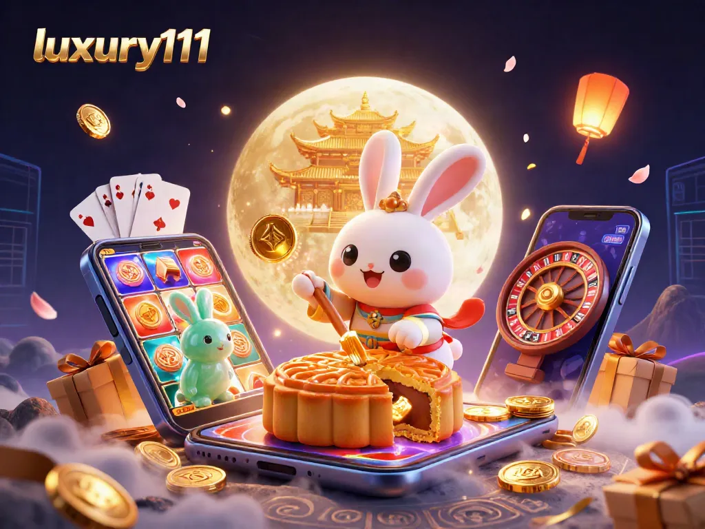 Experience thrilling gaming with luxury111 where golden coins and poker chips abound amid moon rabbit folklore.