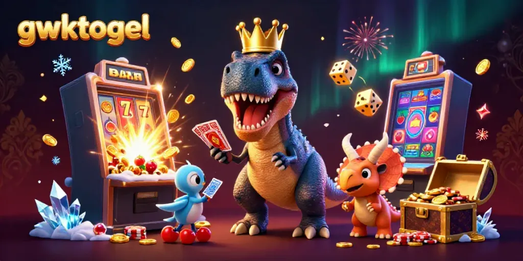 Melihat gwktogel dari perspektif 3D dengan karakter lucu dan simbol permainan kasino.