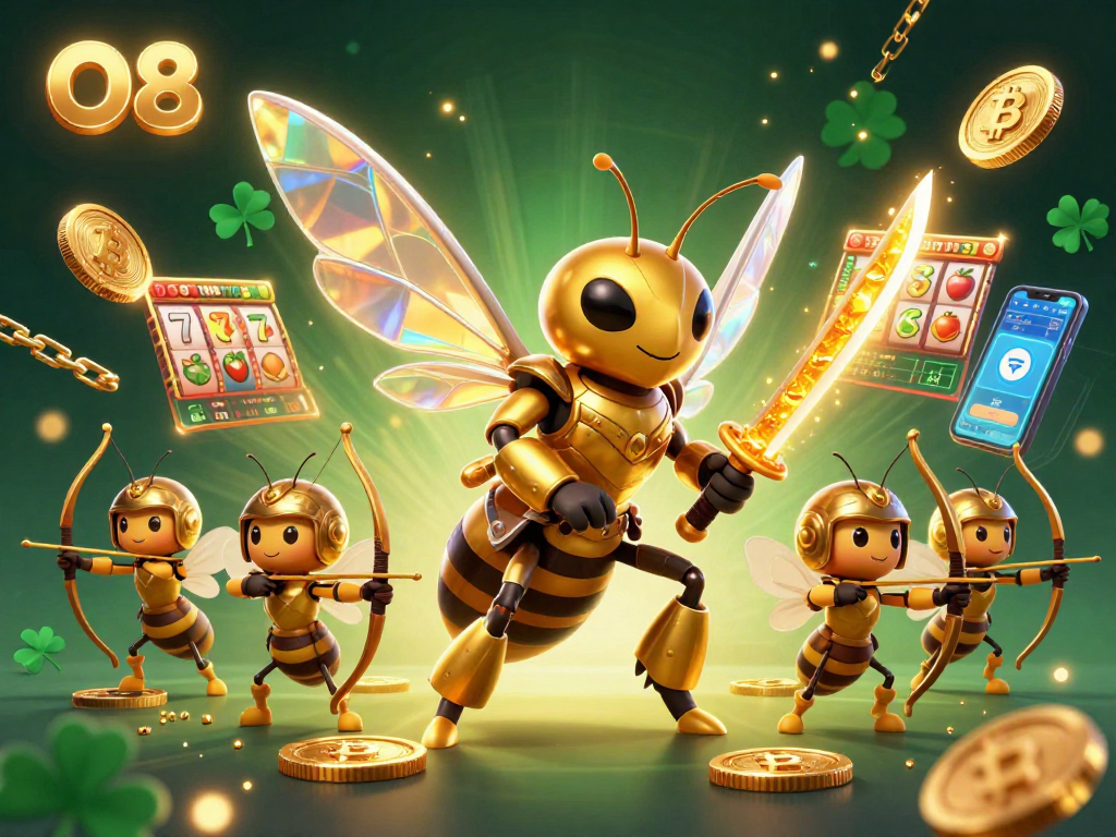 Engage in exhilarating gaming with O8's vibrant 3D depiction featuring a hornet samurai and crypto elements.
