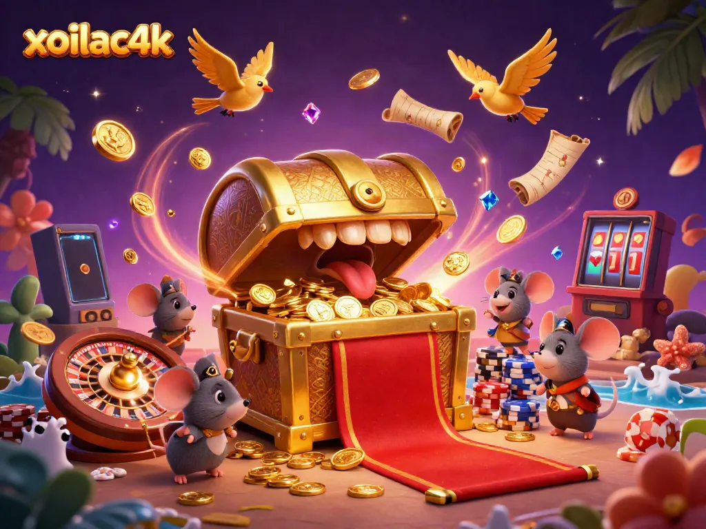 Engage with xoilac4k's thrilling casino scene featuring an adventurous treasure chest and dynamic gambling elements.