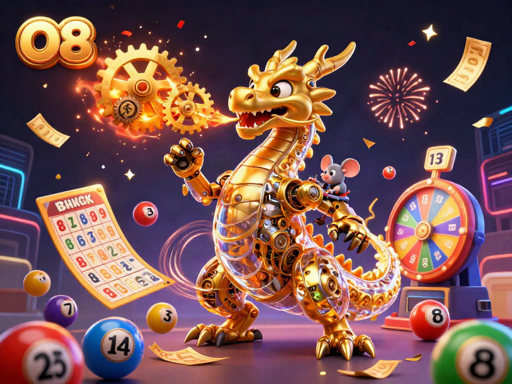 Experience the excitement of O8 with a dragon spewing gears amidst vibrant lottery elements.