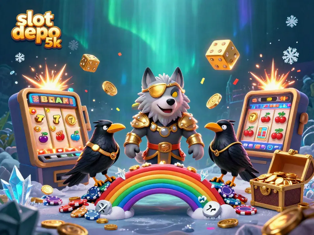 Spin to win on slot depo 5k with Odin and two ravens, amidst jackpot excitement and glimmering symbols.