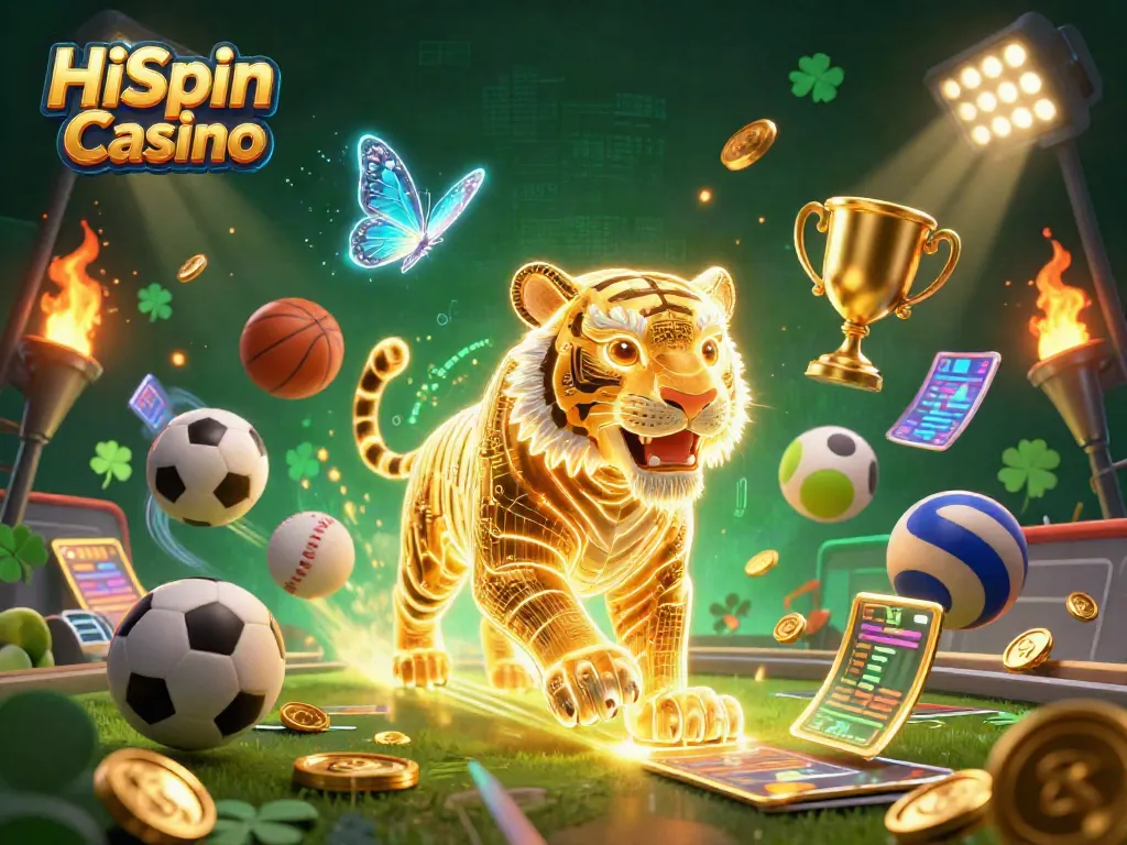Experience HiSpin Casino's vibrant digital arena with a neon tiger and dynamic sports elements