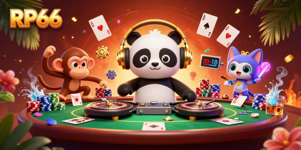 Experience the electrifying world of RP66 with a DJ panda, breakdancing monkey, and a glow-stick kitten amid vibrant casino elements.