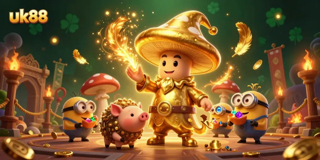 Experience thrilling gaming action at uk88 with unique characters and vibrant casino elements in a magical setting.