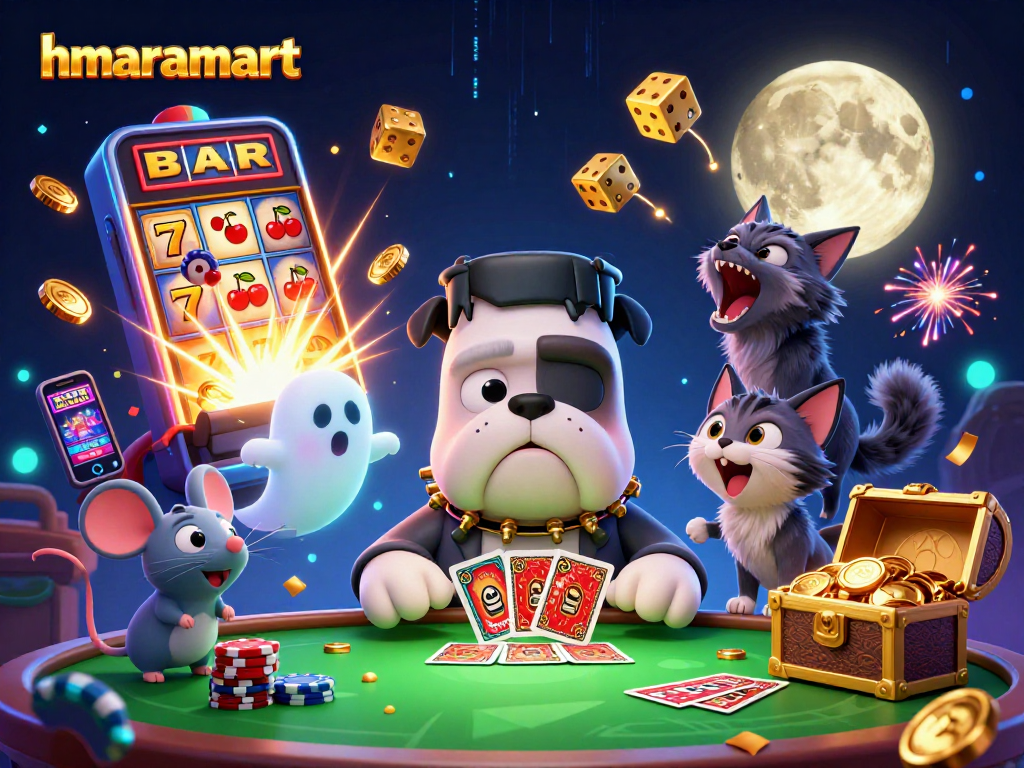 Join hmaramart in an energetic 3D casino scene featuring magical characters and thrilling games.