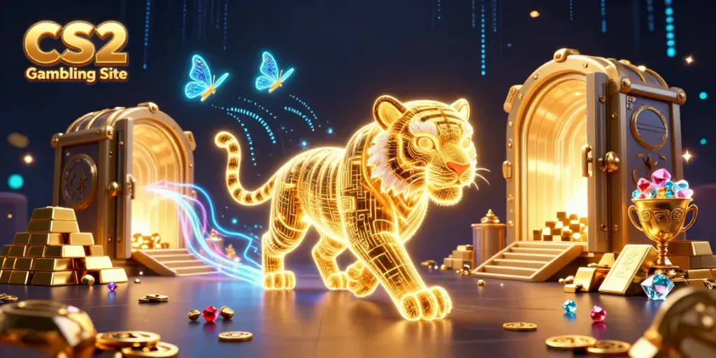Experience the thrill of CS2 Gambling Site with a glowing golden tiger and treasures!