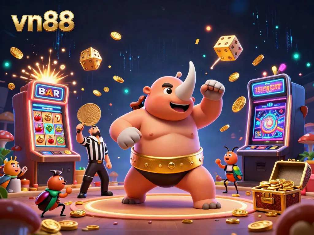 Watch vn88's cartoon rhinoceros beetle champion celebrate a jackpot with stunning casino visuals.