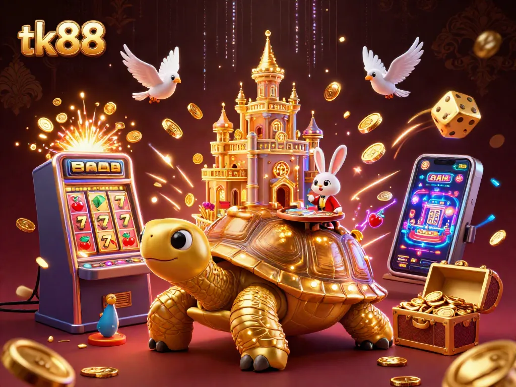 tk88 reveals a thrilling casino scene featuring a golden tortoise and a rabbit dealer amidst exploding jackpots.