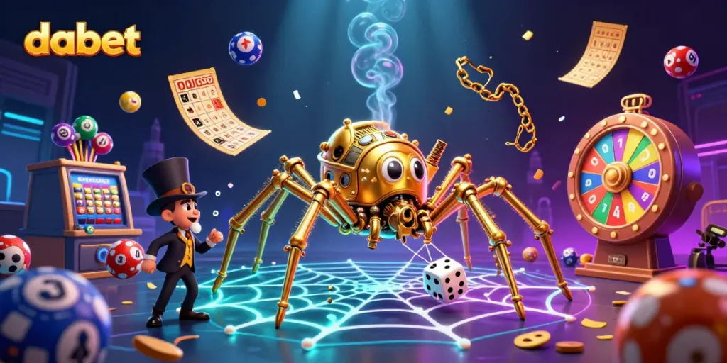 Dabet engages players with a vibrant, whimsical 3D scene of steampunk elements and exciting casino games.