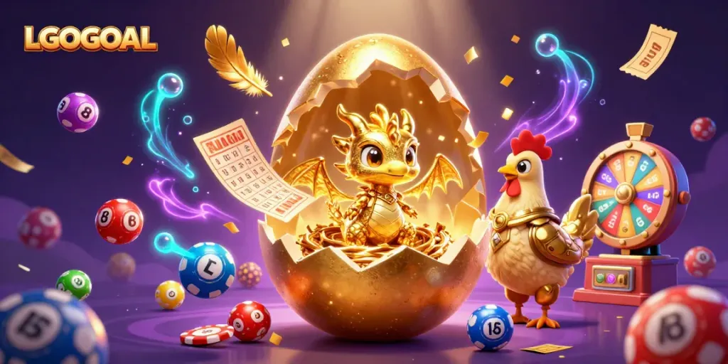 Engage in LGOGOAL lottery action with vibrant numbers, golden dragon, and dynamic casino elements.
