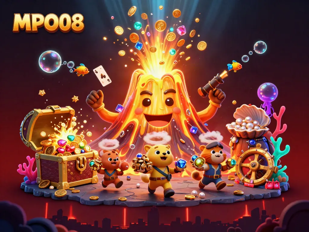 Engage with MPO08's vibrant casino scene featuring a golden volcano erupting treasures and dynamic gaming elements.