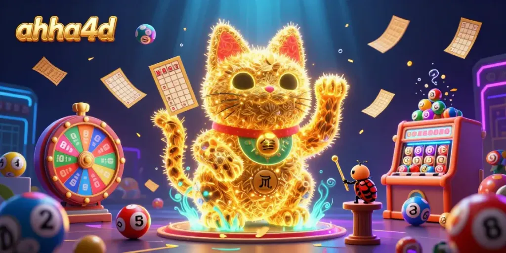 Experience the excitement with ahha4d as lottery balls and golden tickets fill the scene with casino energy.