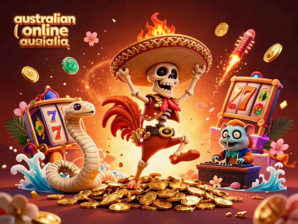 A lively scene depicting a skeleton mariachi rooster and friends celebrating with gold at an australian online casino australia.