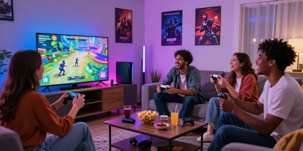 Menang66: Kelompok teman bermain game online di ruang tamu yang ceria.