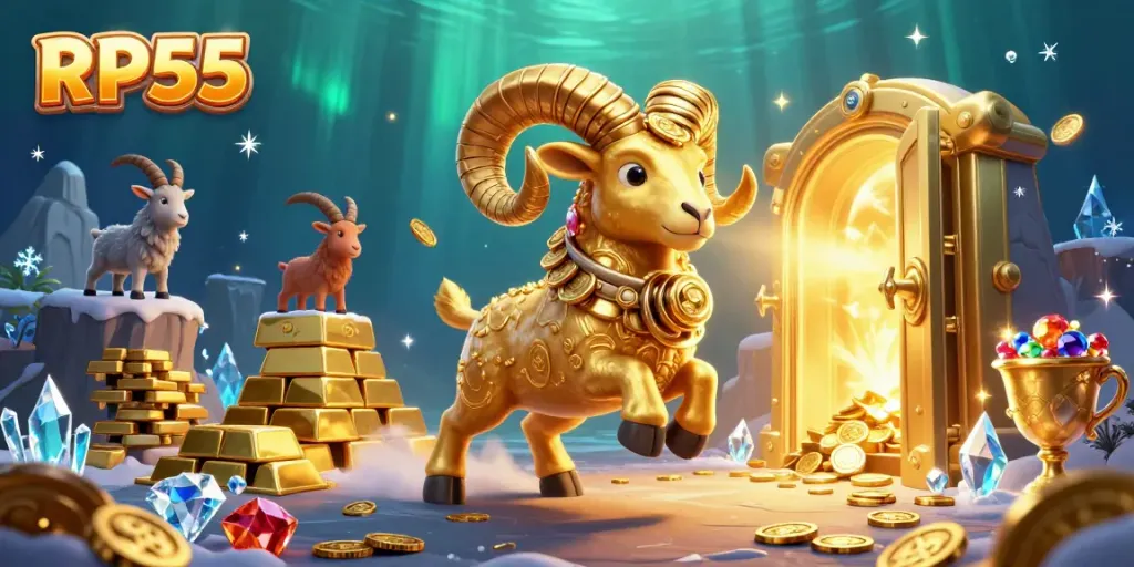 Experience thrilling excitement with RP55's golden ram charging through a treasure-filled casino scene.