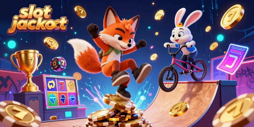 Experience thrilling spins and massive wins in this vibrant slot jackpot scene with cartoon characters.