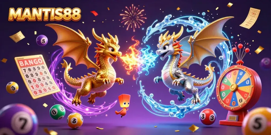 Experience the excitement of MANTIS88 with dynamic dragons and vibrant game elements in a thrilling gaming scene.