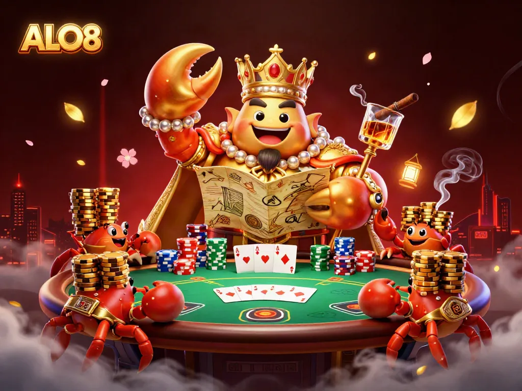 Engage with ALO8's vibrant gaming experience featuring a golden crab emperor at a dynamic poker scene.