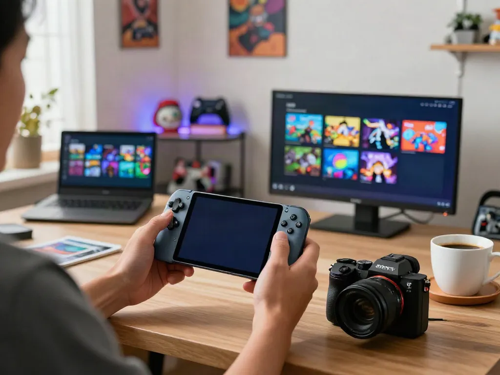 Engaging with Yono Arcade app on smartphone in vibrant home setting.