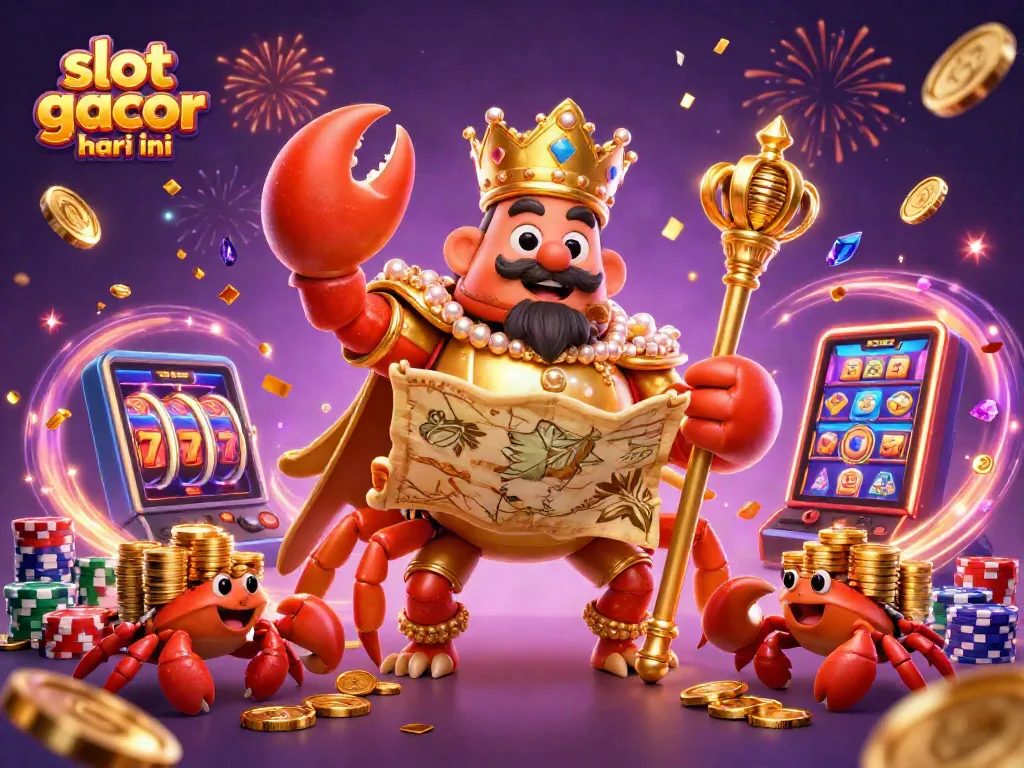 Bermain slot gacor hari ini dengan karakter kepiting emas raksasa dan alat permainan kasino yang megah.