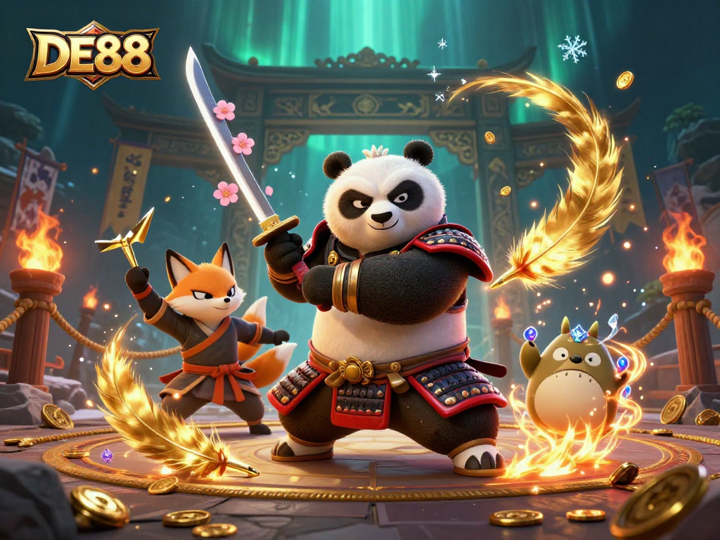 Experience DE88's thrilling gaming action with dynamic characters and vibrant casino elements.