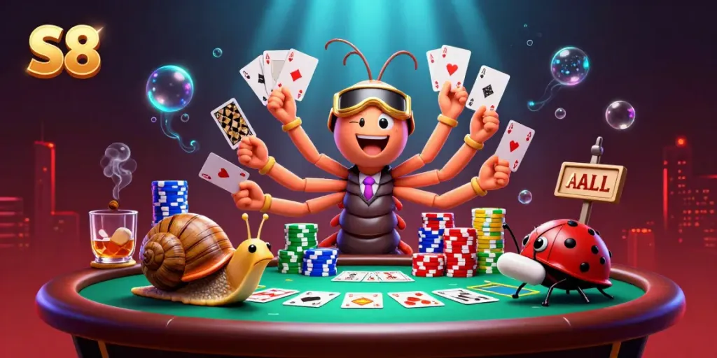 Experience high-stakes gameplay with S8's lively casino characters in a vibrant poker scene.
