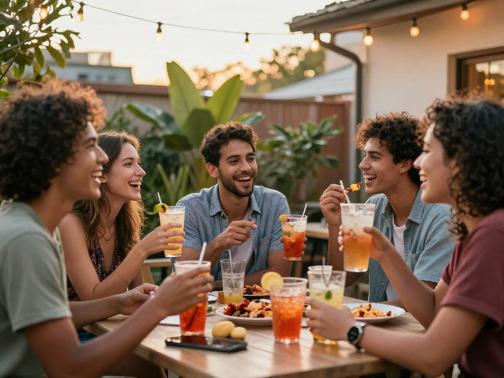 Spicy chat among friends, enjoying drinks and laughter on a cozy patio.