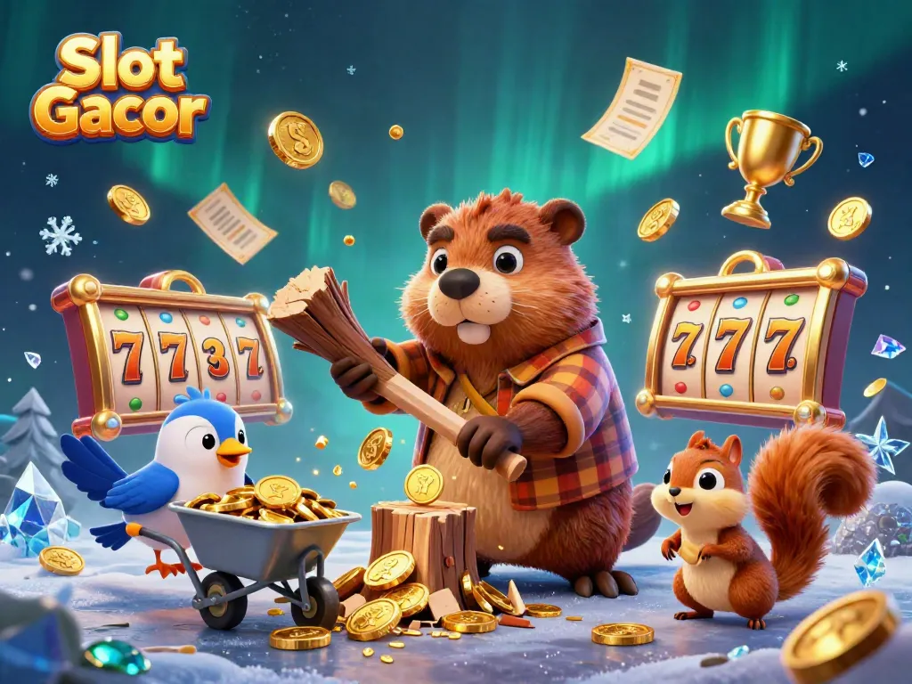 Experience the thrill of Slot Gacor with vibrant characters collecting coins amidst slots and jackpots.