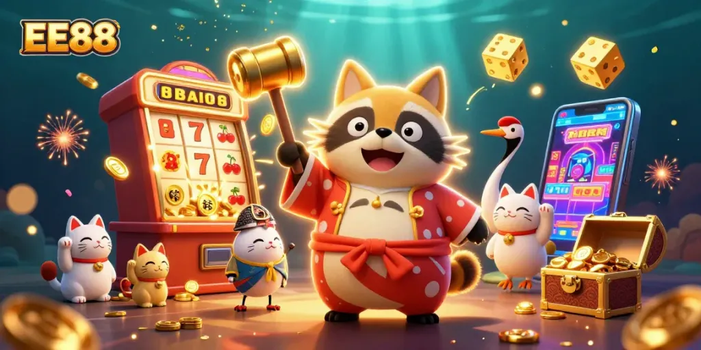 Win big with EE88 as a cheerful tanuki and friends celebrate around a jackpot slot machine!