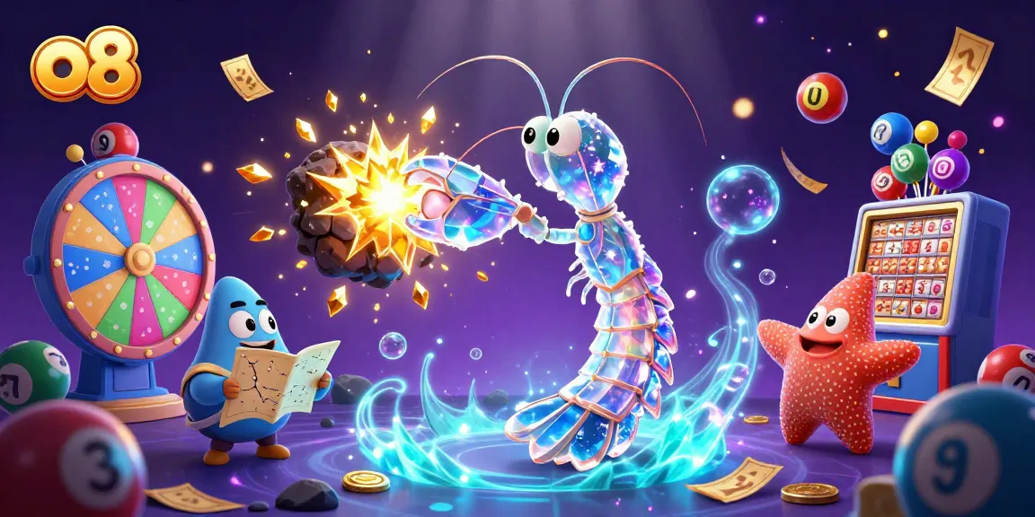 Win big with o8 as the galactic samurai mantis shrimp battles through a treasure-filled asteroid scene.