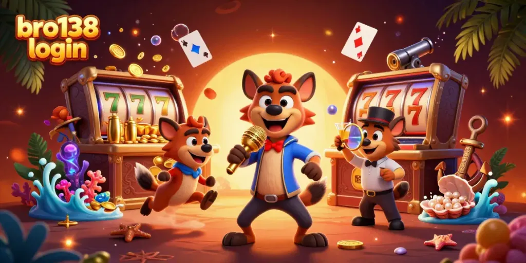Engage with bro138 login by enjoying lively casino fun with animated hyenas, treasures, and vibrant gaming elements.