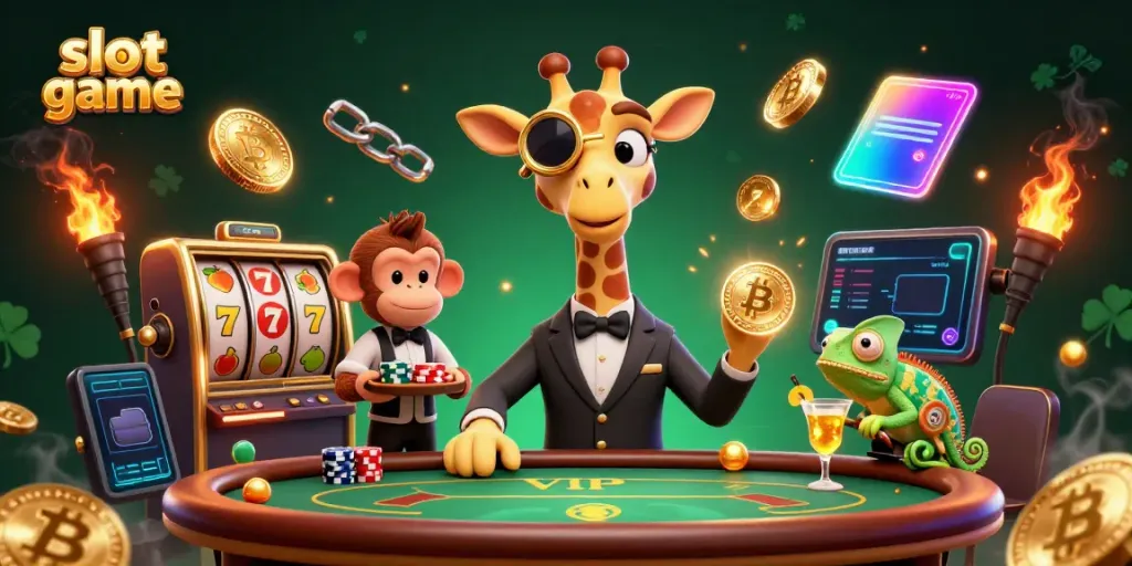 Gambarlah permainan slot yang menampilkan karakter kartun girafe mewah, valet monkey, dan bartender chameleon dalam suasana kasino yang meriah.