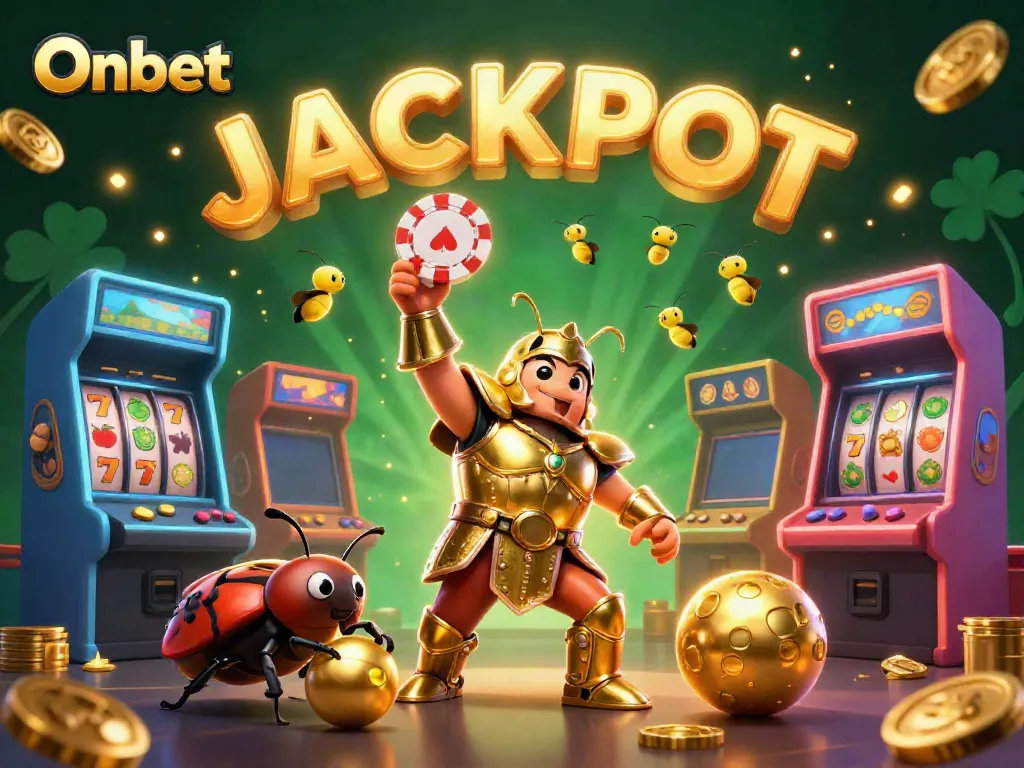 Win big at Onbet with our fun 3D casino illustration showcasing a victorious beetle and jackpot magic.