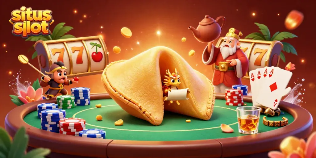 Engage in thrilling situs slot gameplay with a wise dragon exploring a golden fortune cookie.