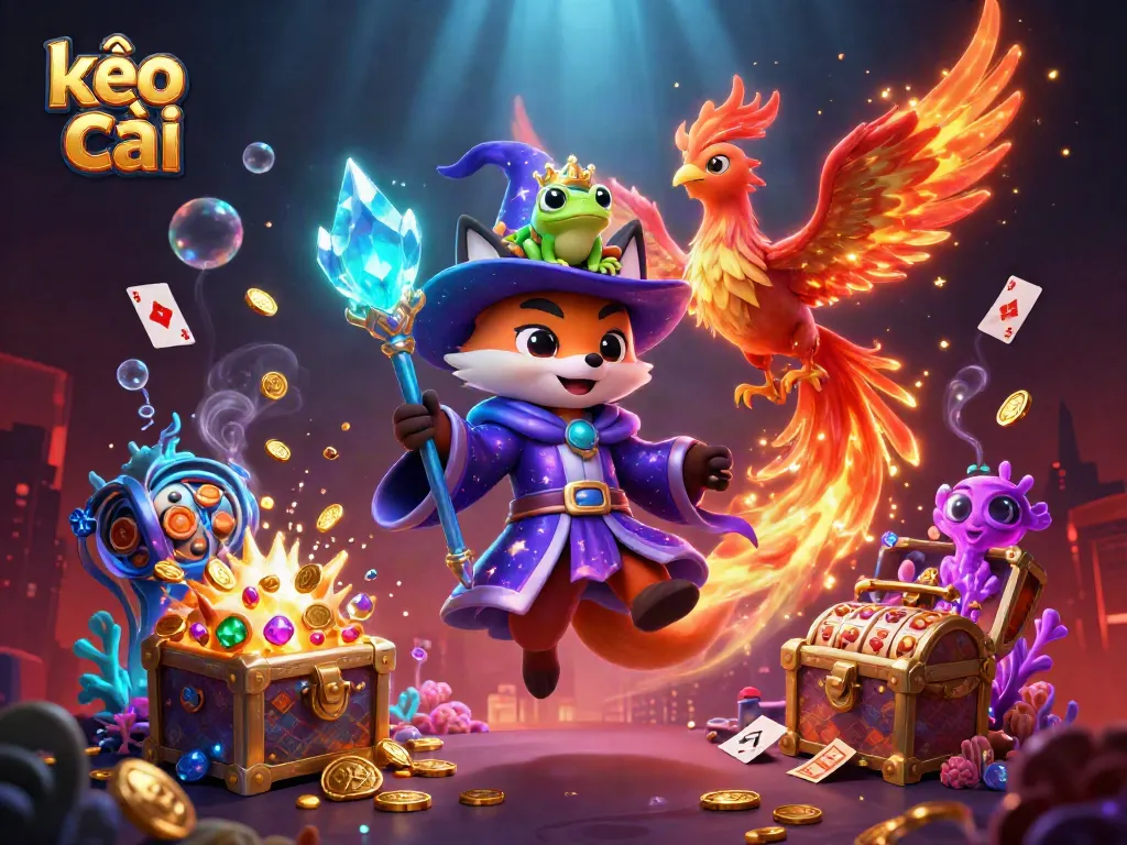 Experience thrilling kèo nhà cái visuals with a wizard fox, phoenix, and captivating treasures in a magical gambling scene.