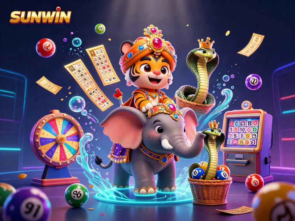Experience thrilling wins at SUNWIN with a vibrant, action-packed casino scene featuring a maharaja tiger, elephant, and exciting game elements.
