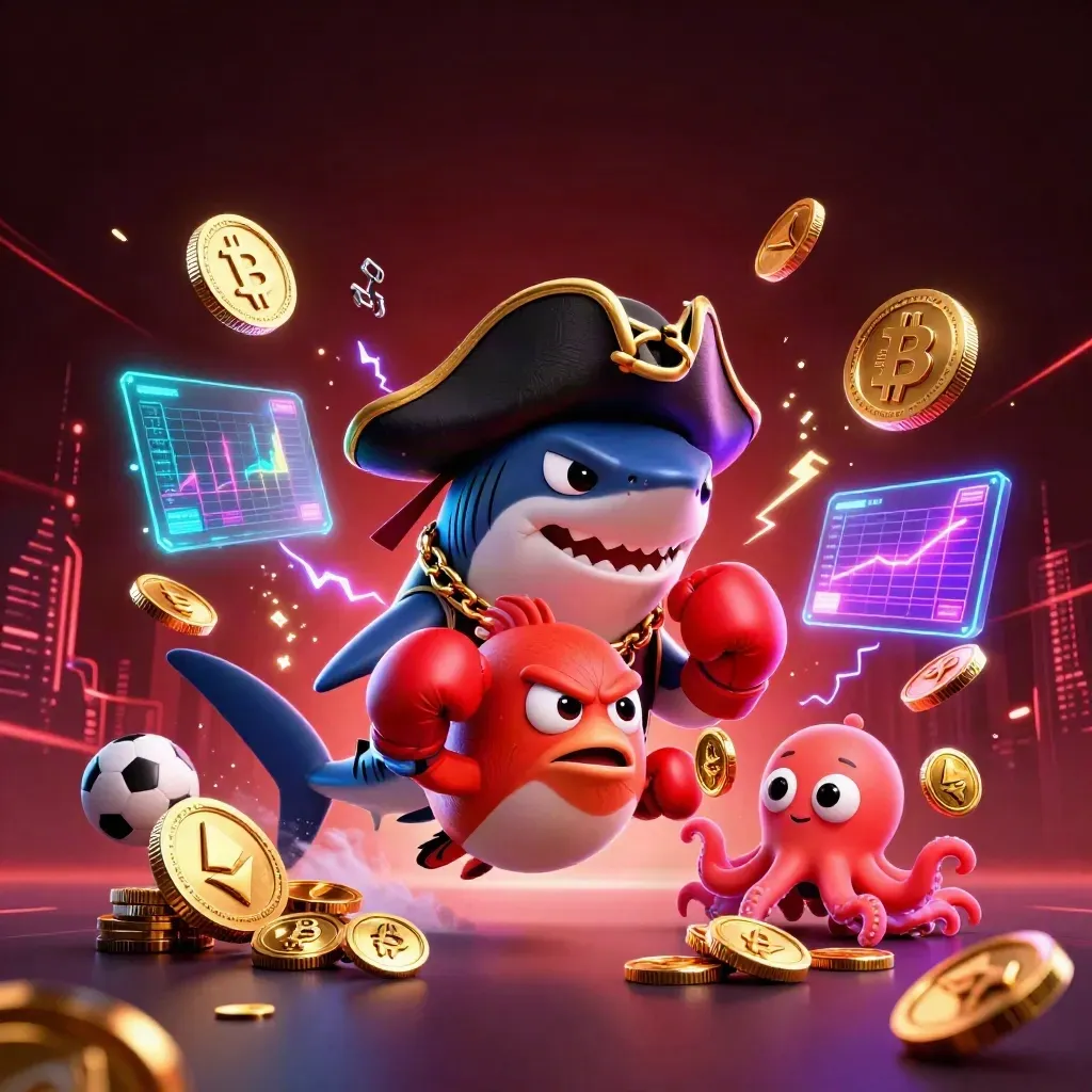 Shark pirate, boxing pufferfish, and coin-juggling octopus amid crypto glow and neon casino effects