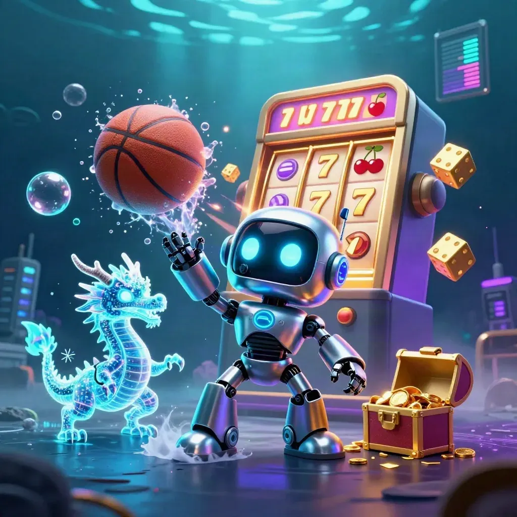 Cyber robot, AI dragon and coin drone burst amid casino symbols over a glowing basketball.