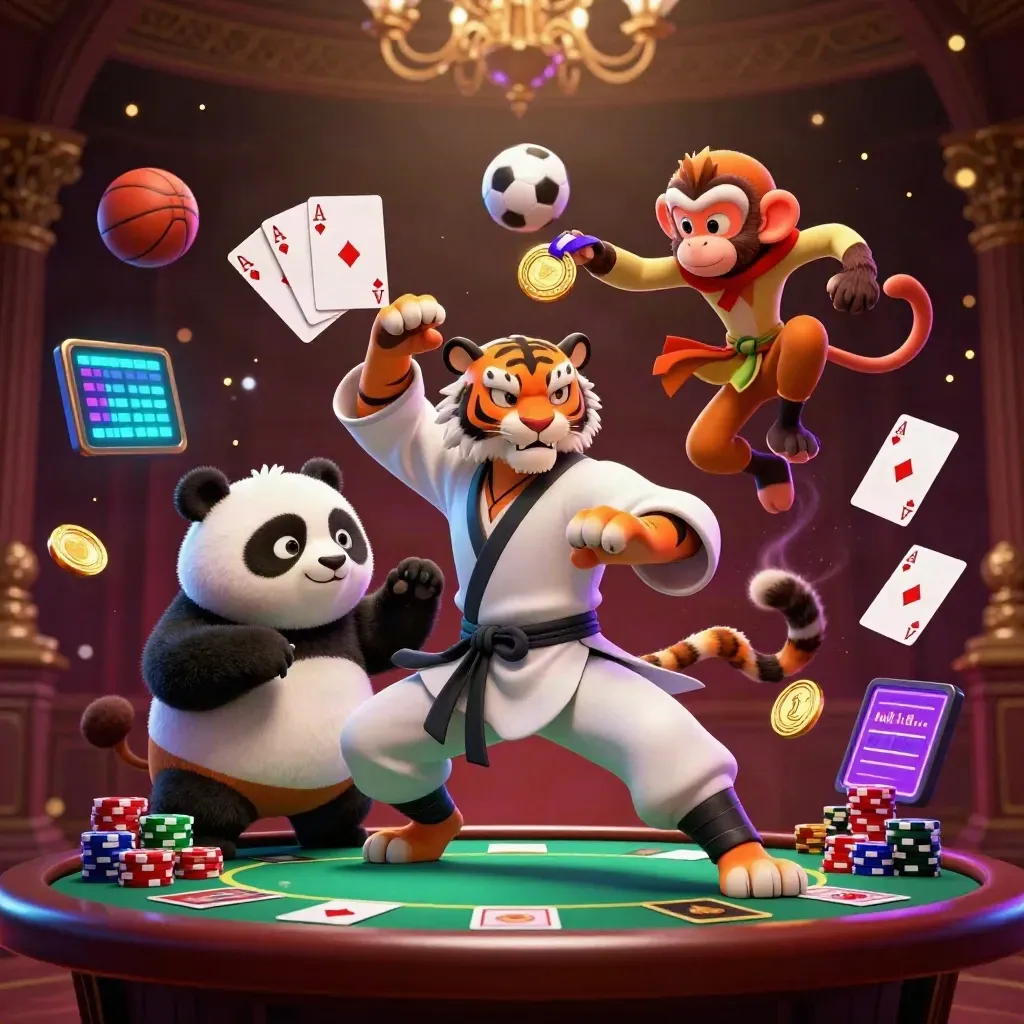 Tiger, panda, and monkey in a lavish casino-sports explosion with poker chips and balls
